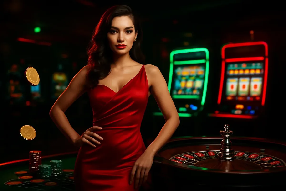 Beautiful woman in red dress posing confidently near roulette and slot machines with neon green and red accents, gold coins, and poker chips in a luxury Bangladesh casino atmosphere