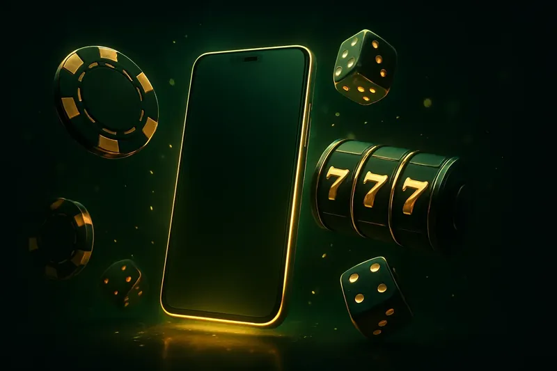 Glowing smartphone with casino chips, slot reels, and dice on dark luxurious background